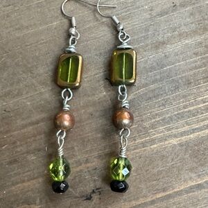 Handcrafted Olive Green Glass Bead Dangle Earrings